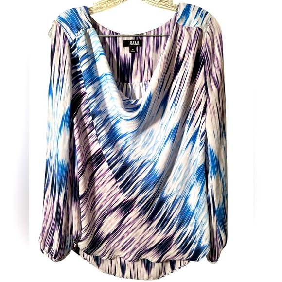 Pullover Sheet Top, Medium, Blue White Purple Draped Neckline, Slit Sleeves - Picture 1 of 9